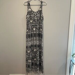 Sonoma Black and White Patterned Maxi Dress Sundress Chinches At  Waist Size M